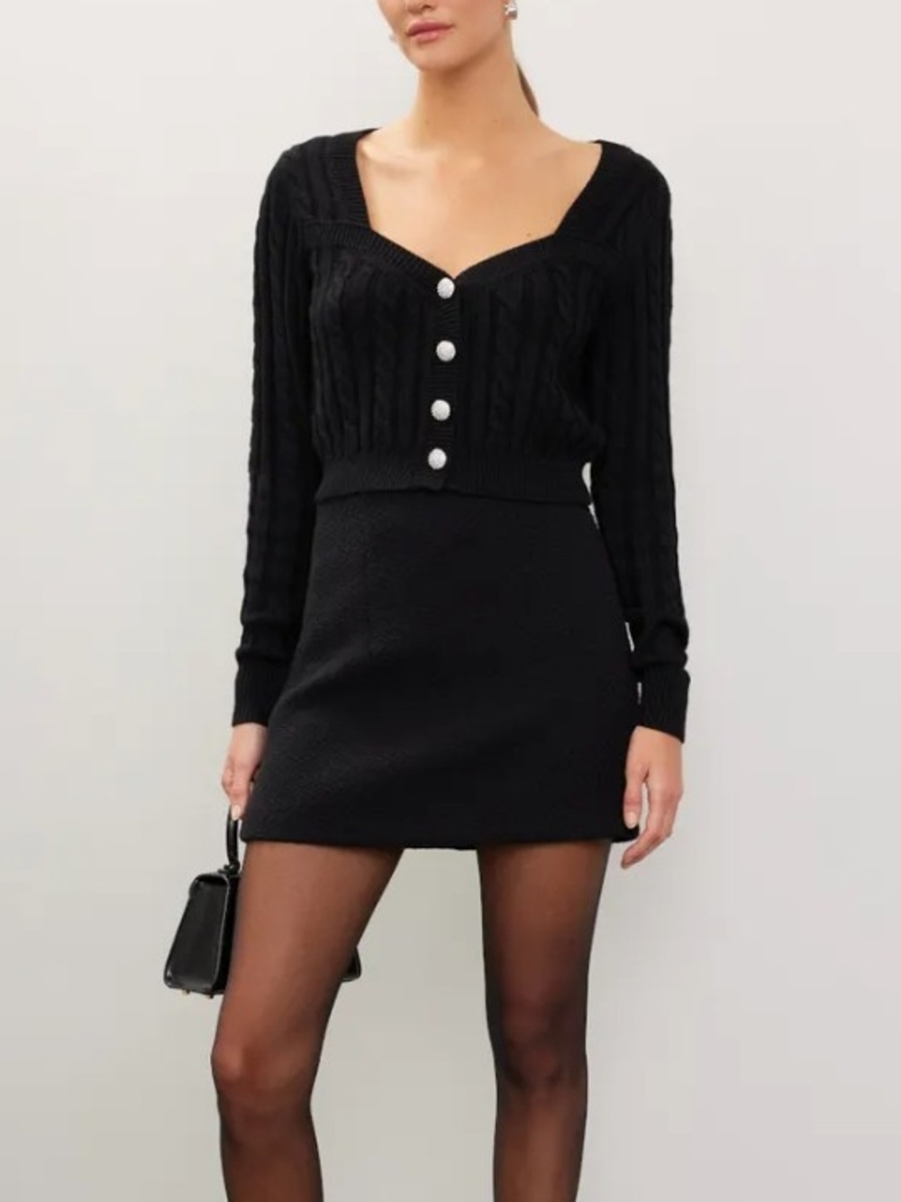 Ronny Kobo Collection Black Cable-Knit Cardigan with Pearl Buttons